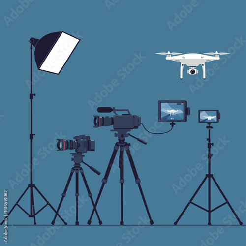 Professional video production equipment setup with cameras, drone, lighting, and monitors on tripods.