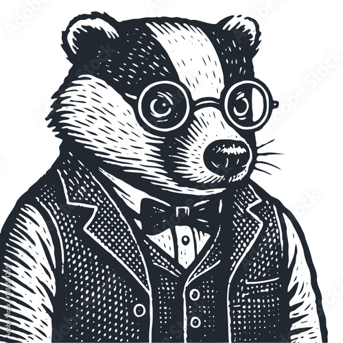 A dapper badger character in a suit, bowtie, and round glasses. A vector illustration in a vintage monochrome engraving or woodcut print style.