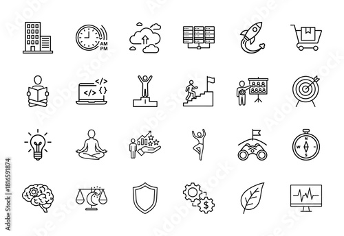 General concepts and abstract ideas line icon set. Vector pictograms of building, clock, cloud, server, rocket, cart, coding, growth, idea, meditation, shield, and health, thin linear illustration.