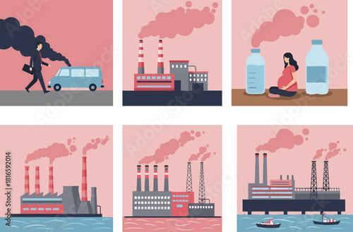 Environmental pollution cartoon vector set, industrial smoke, plastic waste, vehicle exhaust, water contamination, air pollution, flat illustration
