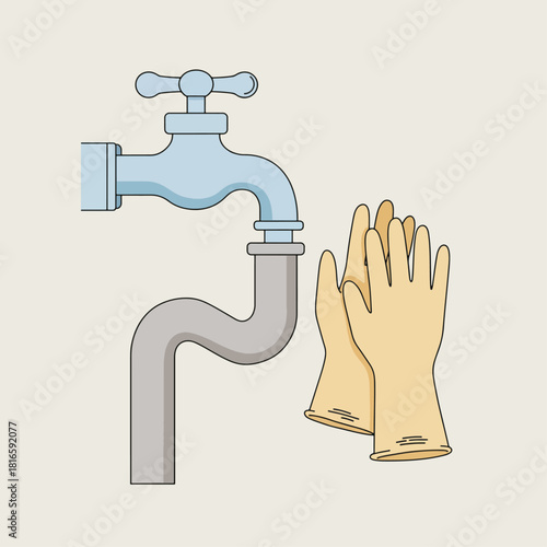 A light blue faucet with a gray pipe connected to it, next to a pair of beige rubber gloves.