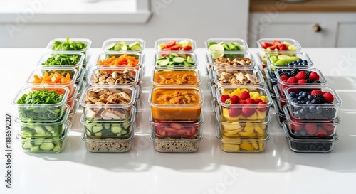 6x4 stack of clear containers holding various foods on a white surface with light