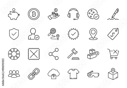 E-commerce, finance, and business line icon set. Vector pictograms of piggy bank, bitcoin, shopping cart, location, price tag, headphones, tracking, and shield, thin illustration.