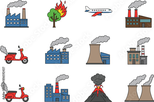 Air pollution source cartoon vector set, factories, volcano, wildfire, scooter, airplane, smoke emissions, flat illustration, environmental concept