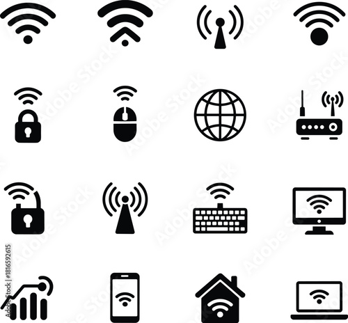 Wireless internet icon set, Wi-Fi signals, routers, devices, padlocks, towers, secure connection, cartoon-style black icons, flat design, grid layout