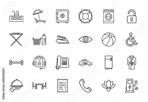 Hotel amenities line icon set. Vector pictograms of pool, umbrella, safe, washing machine, taxi, food tray, and charging station, thin linear illustration.