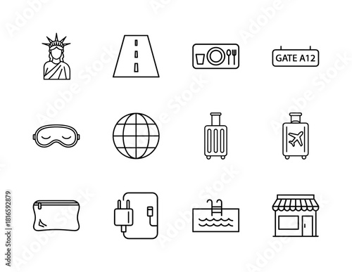 Travel line icon set. Vector pictograms of landmark statue, road, meal tray, airport gate, sleep mask, globe, luggage, charger, and pool, thin linear illustration.