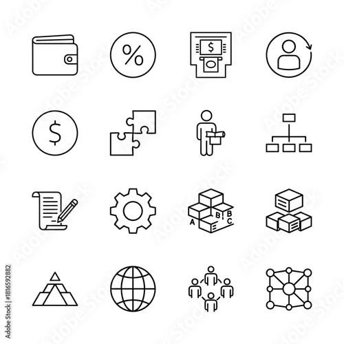 Business and finance line icon set. Vector pictograms of wallet, ATM, dollar, percentage, user, puzzle, document, gear, organization, data blocks, globe, network, thin linear illustration.