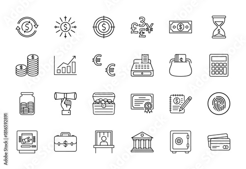 Finance and banking line icon set. Vector pictograms of money, currency, growth, investment, savings, transactions, security, and payment, thin linear illustration.