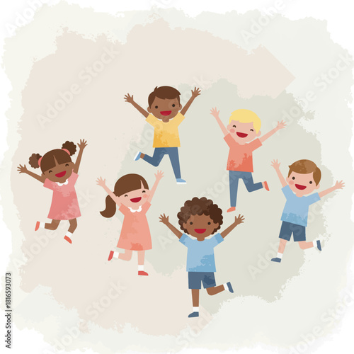 Diverse group of happy children jumping and playing together with arms raised, celebrating joy and friendship in a cheerful illustration.