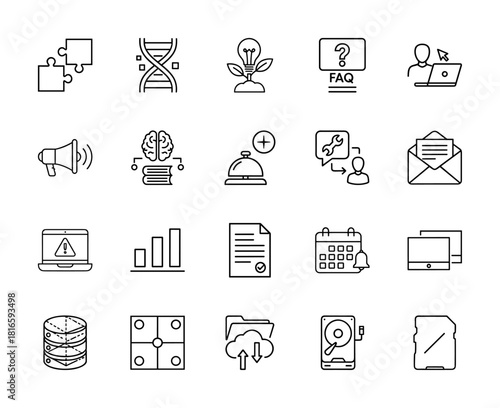 Technology and business line icon set. Vector pictograms of innovation, data, support, communication, knowledge, documents, schedule, storage, thin linear illustration.
