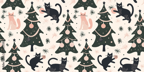Christmas pattern with cute funny cats, Christmas-trees, holiday decoration. Vector seamless pattern in hand-drawn doodle style. Stylish doodle playful background, cats playing with yarn