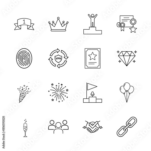 Achievement and recognition line icon set. Vector pictograms of crown, winner, certificate, fingerprint, VPN, diamond, party popper, and handshake, linear illustration.