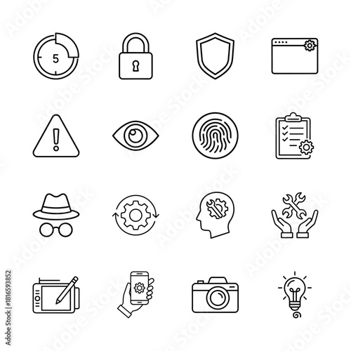 Digital security and IT line icon set. Vector pictograms of padlock, shield, fingerprint, incognito, warning, settings, and creative tools, thin linear illustration.