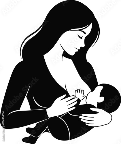 Breastfeeding mother icon, baby nursing, maternal care, infant nutrition, bonding moment, silhouette, motherhood, parenting, nurture, black and white