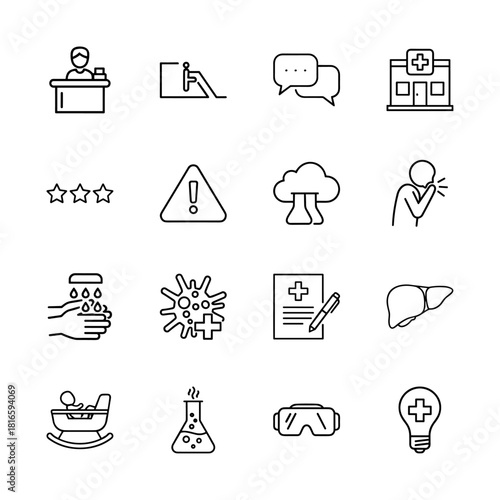 Healthcare and medical line icon set. Vector pictograms of hospital, virus, handwashing, coughing, liver, baby, warning, and accessibility, thin linear illustration.