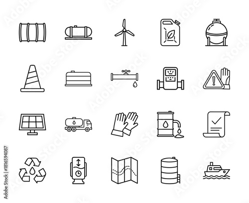Energy and oil industry line icon set. Vector pictograms of oil barrels, storage tanks, wind turbine, biofuel, warning sign, tanker, solar panel, and recycling, thin linear illustration.