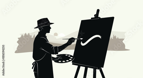 Artist painting on an easel in a landscape