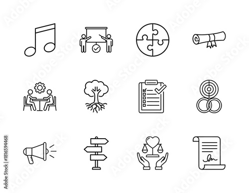 Universal concepts line icon set. Vector pictograms of learning, strategy, collaboration, growth, communication, and ethics, thin linear illustration.