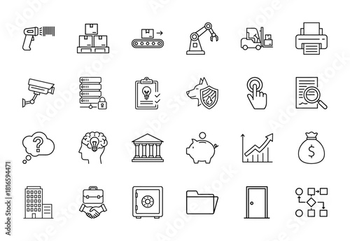 Business, logistics, and technology line icon set. Vector pictograms of barcode scanner, server, robotic arm, forklift, bank, piggy bank, chart, and office building, thin linear illustration.