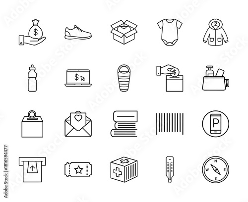 Donation, shopping, lifestyle line icon set. Vector pictograms of money bag, shoe, apparel, laptop, compass, thin linear illustration.