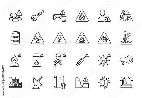 Danger and warning line icon set. Vector pictograms of fire, radiation, chemical, electrical, medical, UV, slip, and explosion hazards, thin linear illustration.