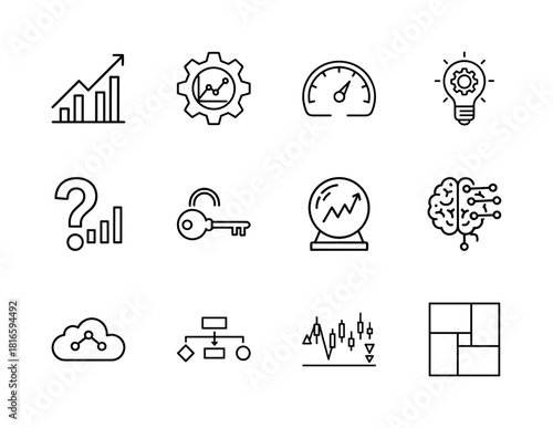 Business and data analytics line icon set. Vector pictograms of growth chart, speedometer, innovation lightbulb, AI brain, workflow, and financial candlestick chart, thin linear illustration.