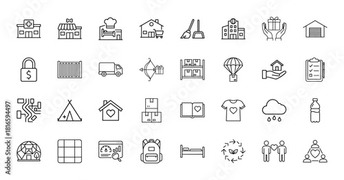 General services line icon set. Vector pictograms of hospital, shop, house, truck, gift, tent, book, cloud, bed, and backpack, thin linear illustration.