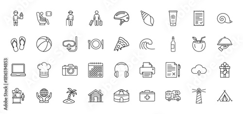 Travel, vacation, and leisure line icon set. Vector pictograms of a traveler, airplane seat, beach ball, pizza, camera, chef hat, first aid kit, and lighthouse, thin linear illustration.