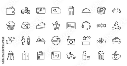 Business and lifestyle line icon set. Vector pictograms of wallet, coins, gift card, shopping cart, cupcake, headphones, taxi, parking, and coffee, thin linear illustration.