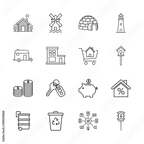Real estate and lifestyle line icon set. Vector pictograms of cabin, windmill, igloo, lighthouse, caravan, apartment, finance, smart home, and urban elements, thin linear illustration.