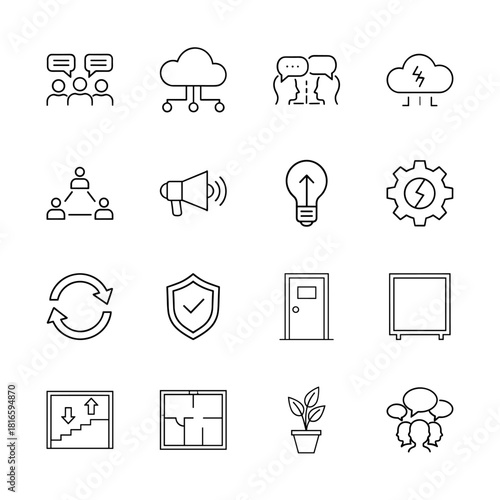 Business communication line icon set. Vector pictograms of team discussion, cloud computing, dialogue, door, floor plan, and potted plant, thin linear illustration.