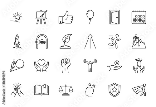 Personal development line icon set. Vector pictograms of sunrise, easel, rocket, leaf, runner, climber, book, shield, superhero, weights, heart, thin linear illustration.