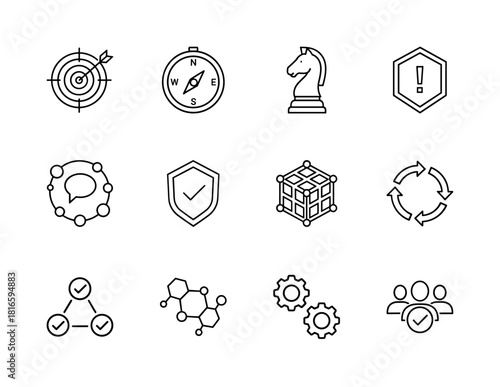 Business strategy and technology line icon set. Vector pictograms of target, compass, chess knight, shield, gears, network, data structure, and collaboration, thin linear illustration.