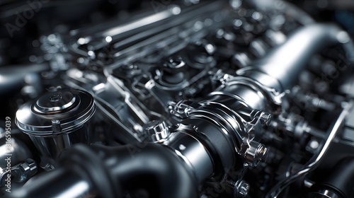 Close up view of a powerful modern car engine with a turbocharger and shiny chrome parts.