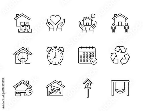 Real estate and home line icon set. Vector pictograms of house moving, family care, property protection, planning, security, and sustainability, thin linear illustration.