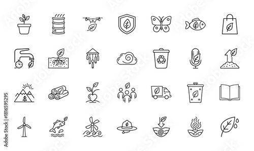 Ecology and nature line icon set. Vector pictograms of potted plant, recycling bin, drone, shield, butterfly, water tap, and wind turbine, thin linear illustration.