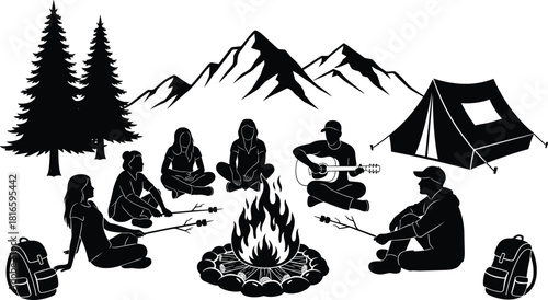 Camping silhouette icon set, campfire, mountain scene, tent, marshmallow roasting, guitar playing, outdoor adventure, nature, forest, backpack, wilderness