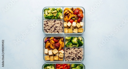 Three mealprep containers filled with mixed vegetables tofu and grains on a light surface