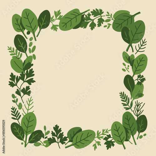 A square frame made of fresh green spinach and parsley leaves on a beige background.