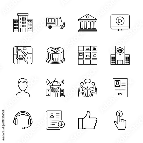 Business, education, and public services line icon set. Vector pictograms of office building, bus, bank, resume, headphones, like gesture, and help, thin linear illustration.