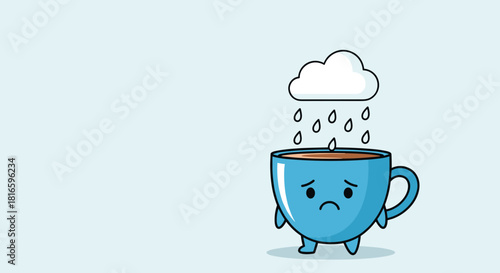 Sad blue cup feeling blue about the rainy weather on Blue Monday with ample copy space