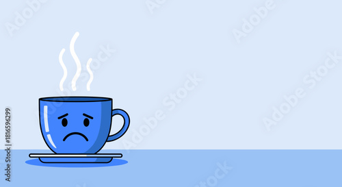 Sad blue cup with steam feeling blue on Blue Monday with ample copy space