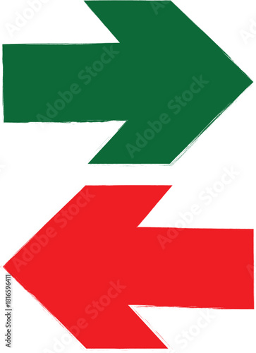 Textured green right arrow, red left arrow, opposite directions