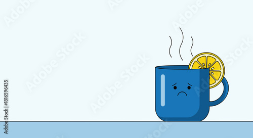 Sad blue cup with lemon slice feeling blue on Blue Monday with ample copy space