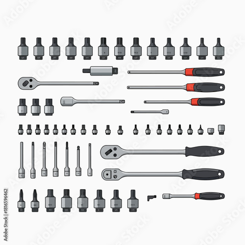 A comprehensive collection of various socket wrenches, ratchets, and extension bars, meticulously arranged for clarity.