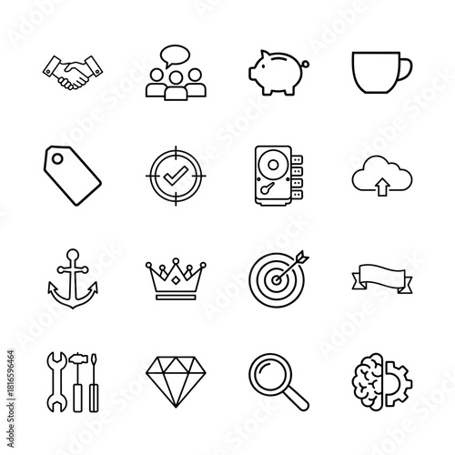 Business and technology line icon set. Vector pictograms of handshake, team, piggy bank, data storage, cloud computing, tools, and targets, thin linear illustration.