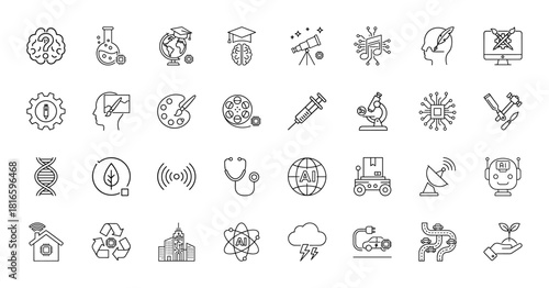 Science, technology, and education line icon set. Vector pictograms of brain, globe, microscope, circuit, robot, smart home, and creative tools, thin linear illustration.