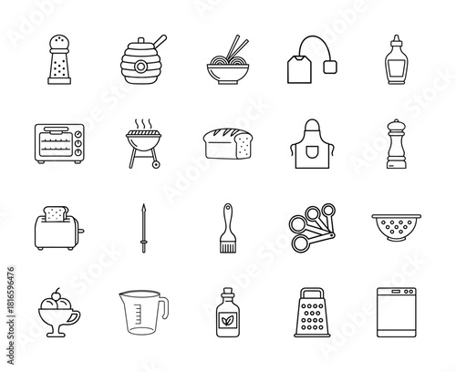 Cooking and kitchen line icon set. Vector pictograms of salt shaker, honey pot, noodles, toaster oven, bread, apron, colander, measuring cup, grater, thin linear illustration.