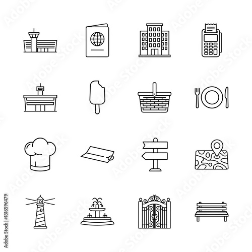 Travel and tourism line icon set. Vector pictograms of airport, passport, building, payment, food, map, signpost, lighthouse, gate, bench, thin linear illustration.